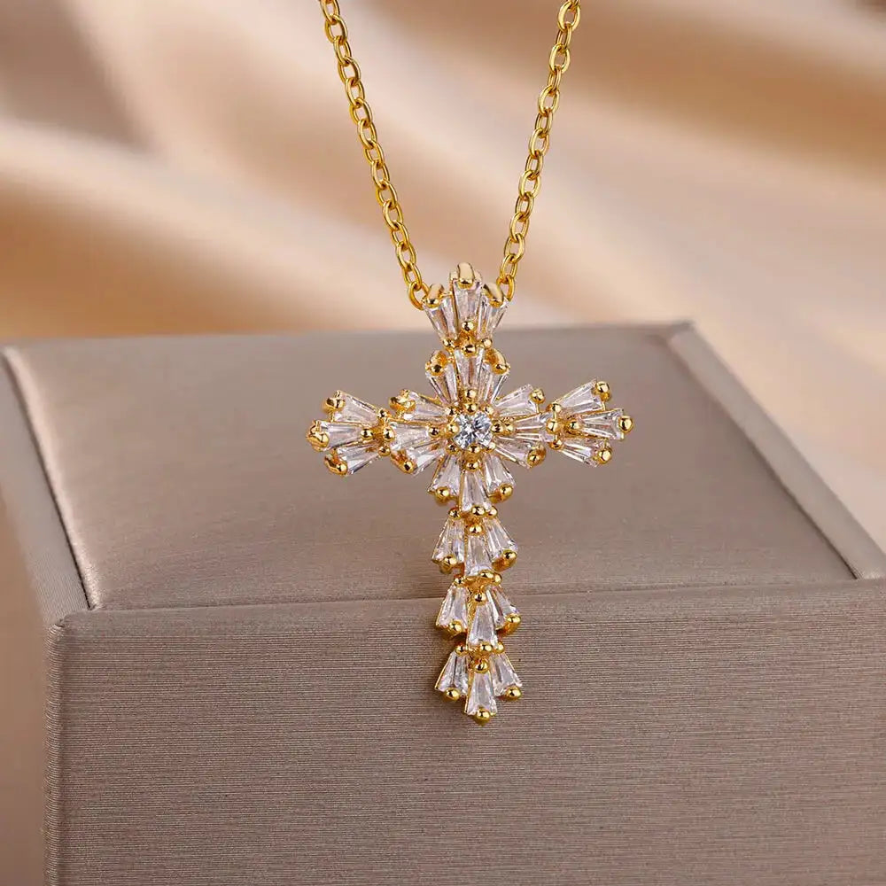 Gold Zircon Cross Necklaces