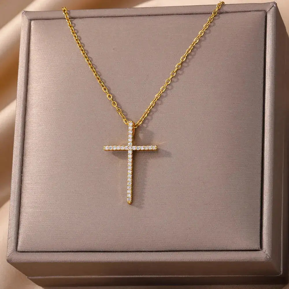 Gold Zircon Cross Necklaces